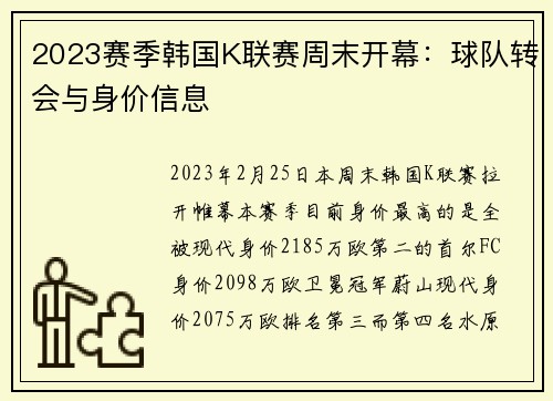 2023赛季韩国K联赛周末开幕：球队转会与身价信息