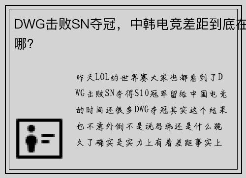 DWG击败SN夺冠，中韩电竞差距到底在哪？
