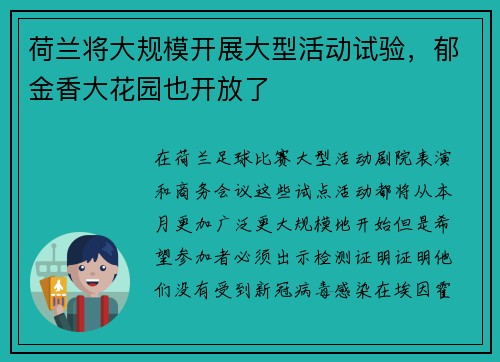 荷兰将大规模开展大型活动试验，郁金香大花园也开放了